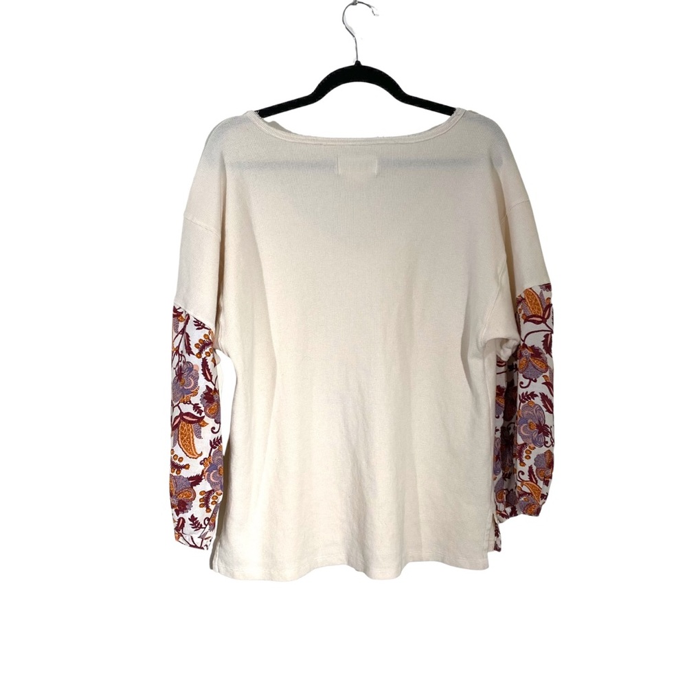 ANTHROPOLOGIE Annette Cream Waffle Knit Floral Sleeve Thermal Tee - Picture 4 of 7